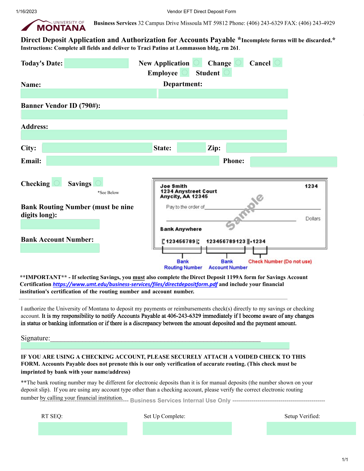 Vendor EFT Direct Deposit Form screenshot