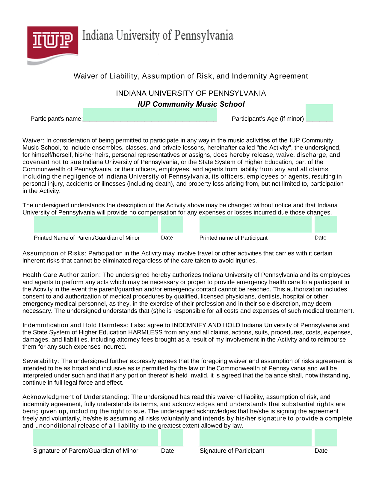 Waiver Of Liability, Assumption Of Risk, And Indemnity Agreement screenshot
