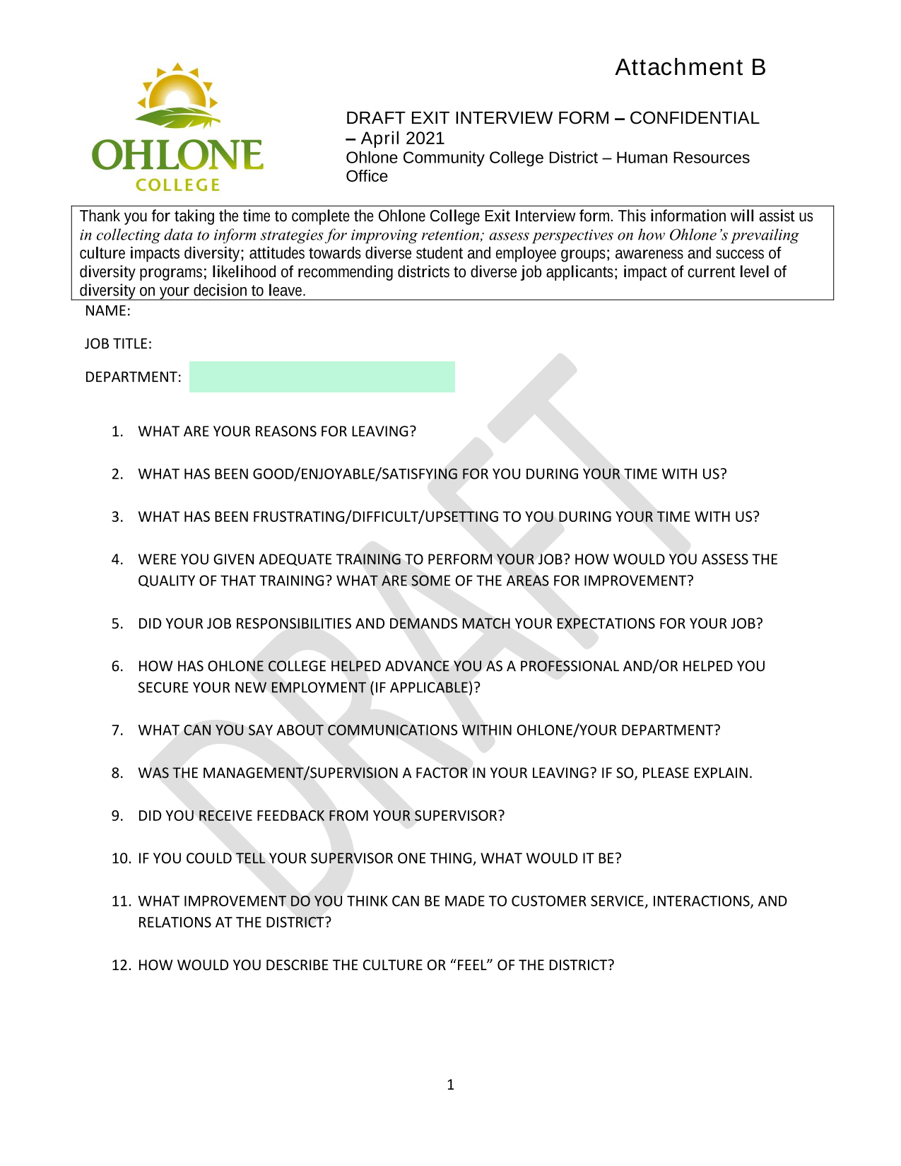 DRAFT EXIT INTERVIEW FORM  CONFIDENTIAL screenshot