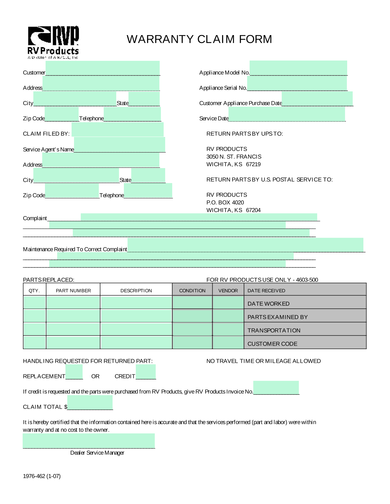 WARRANTY CLAIM FORM screenshot