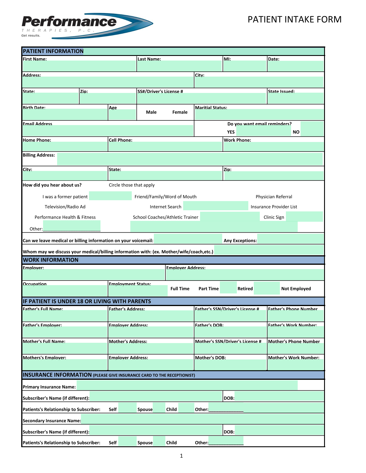 PATIENT INTAKE FORM screenshot