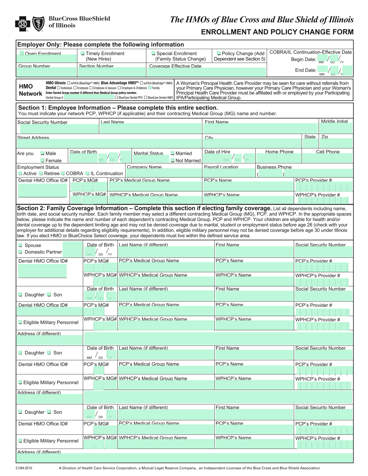 ENROLLMENT AND POLICY CHANGE FORM screenshot