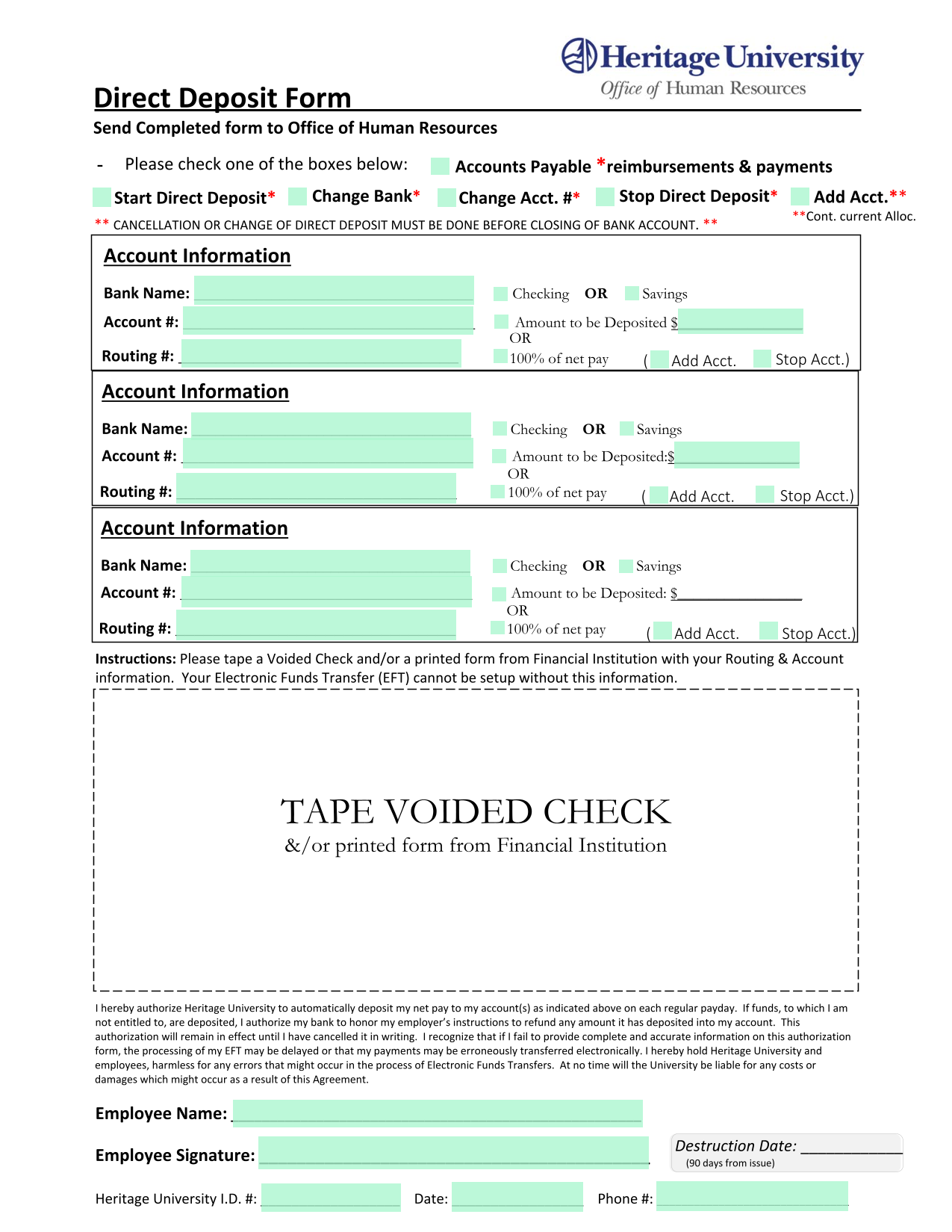 Direct Deposit Form screenshot