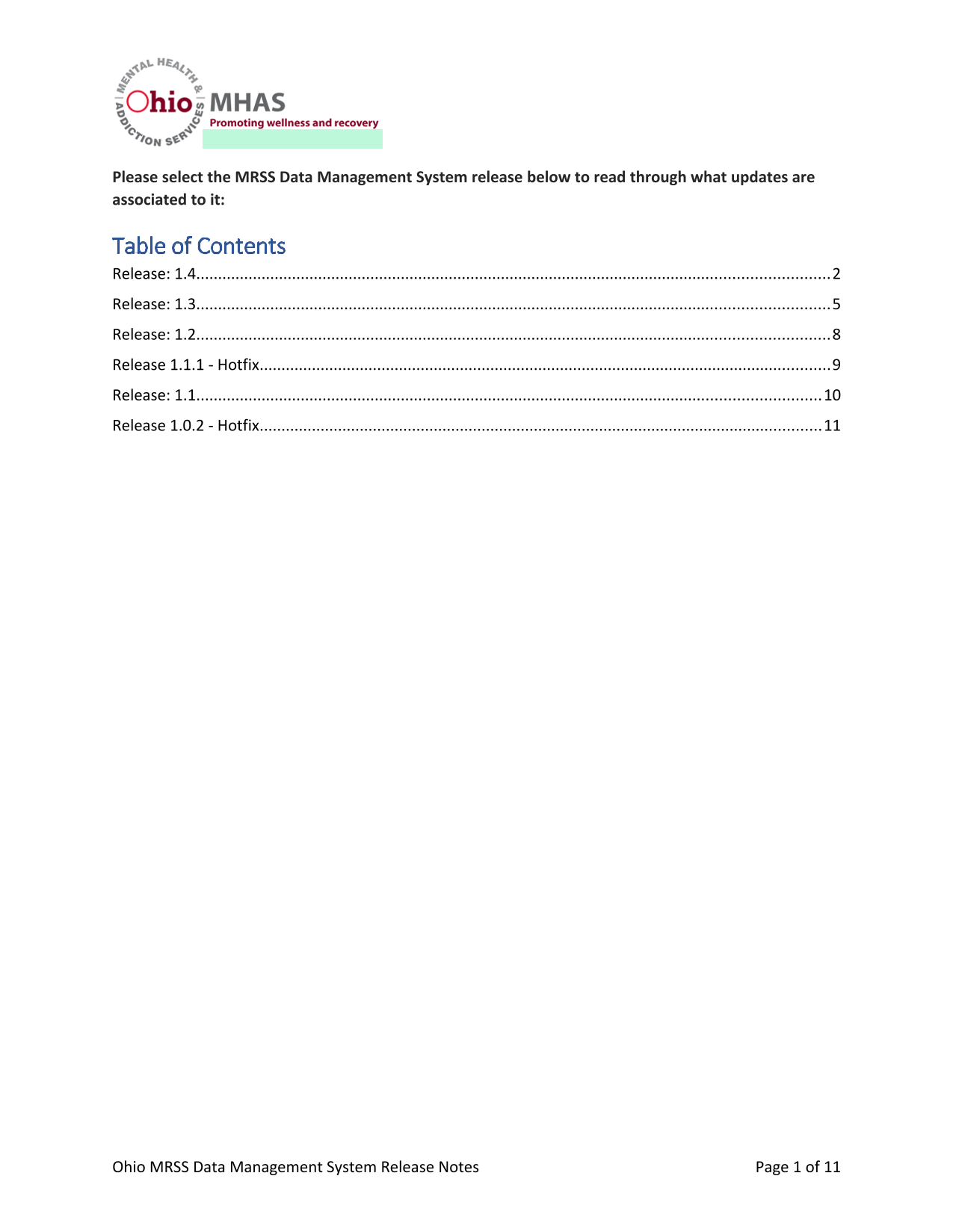 Ohio MRSS Data Management System Release Notes screenshot