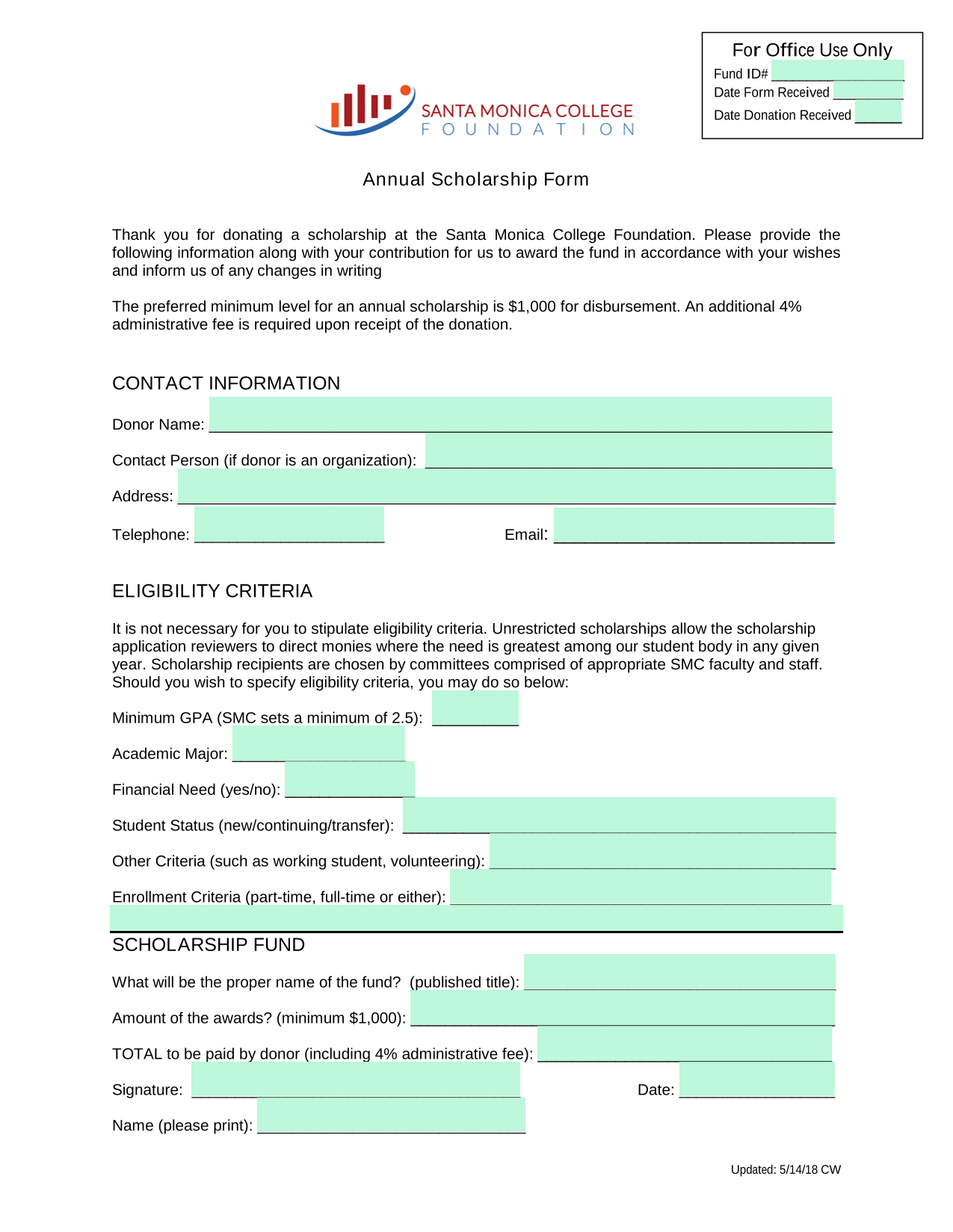 Annual Scholarship Form screenshot