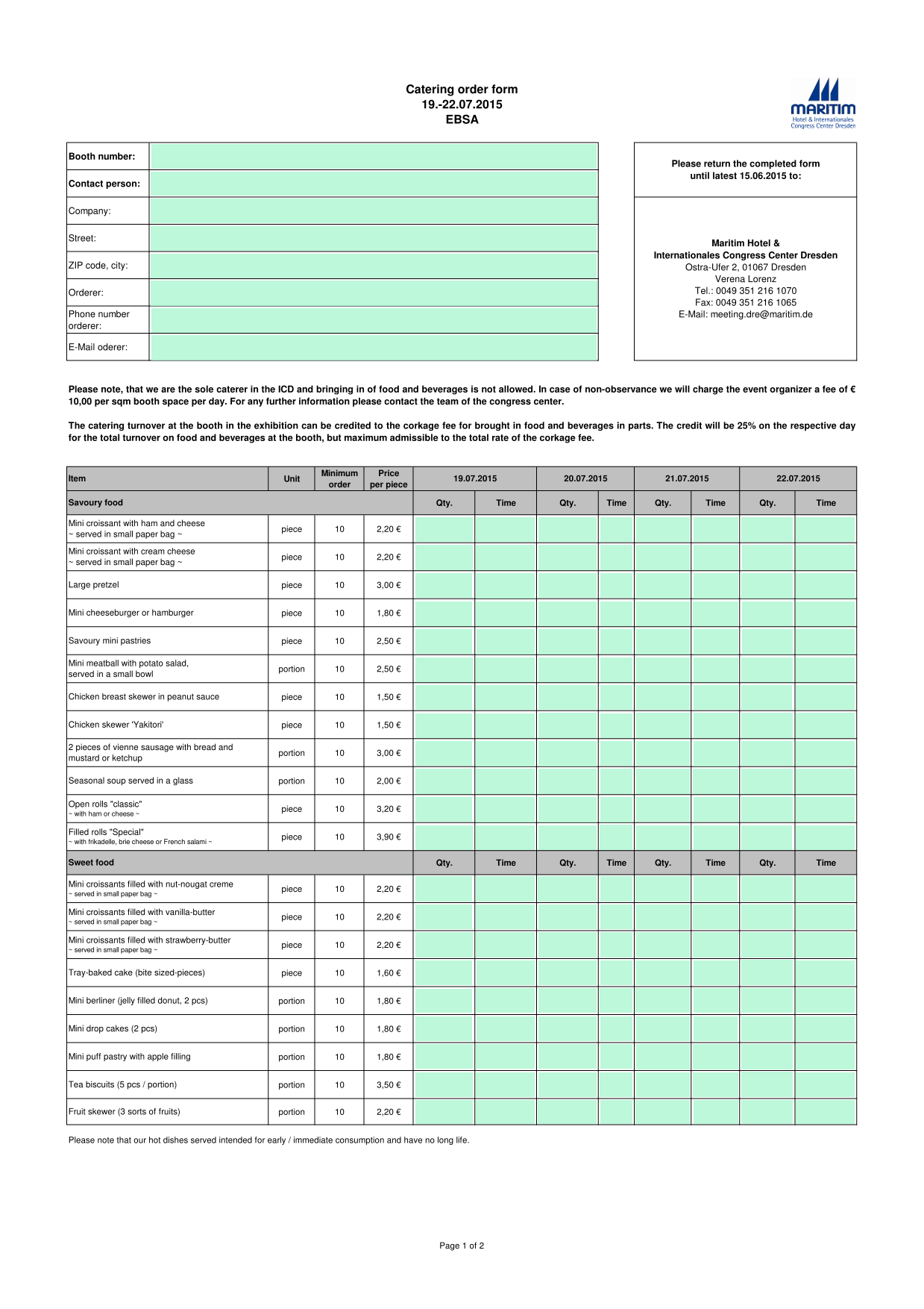 Catering Order Form screenshot
