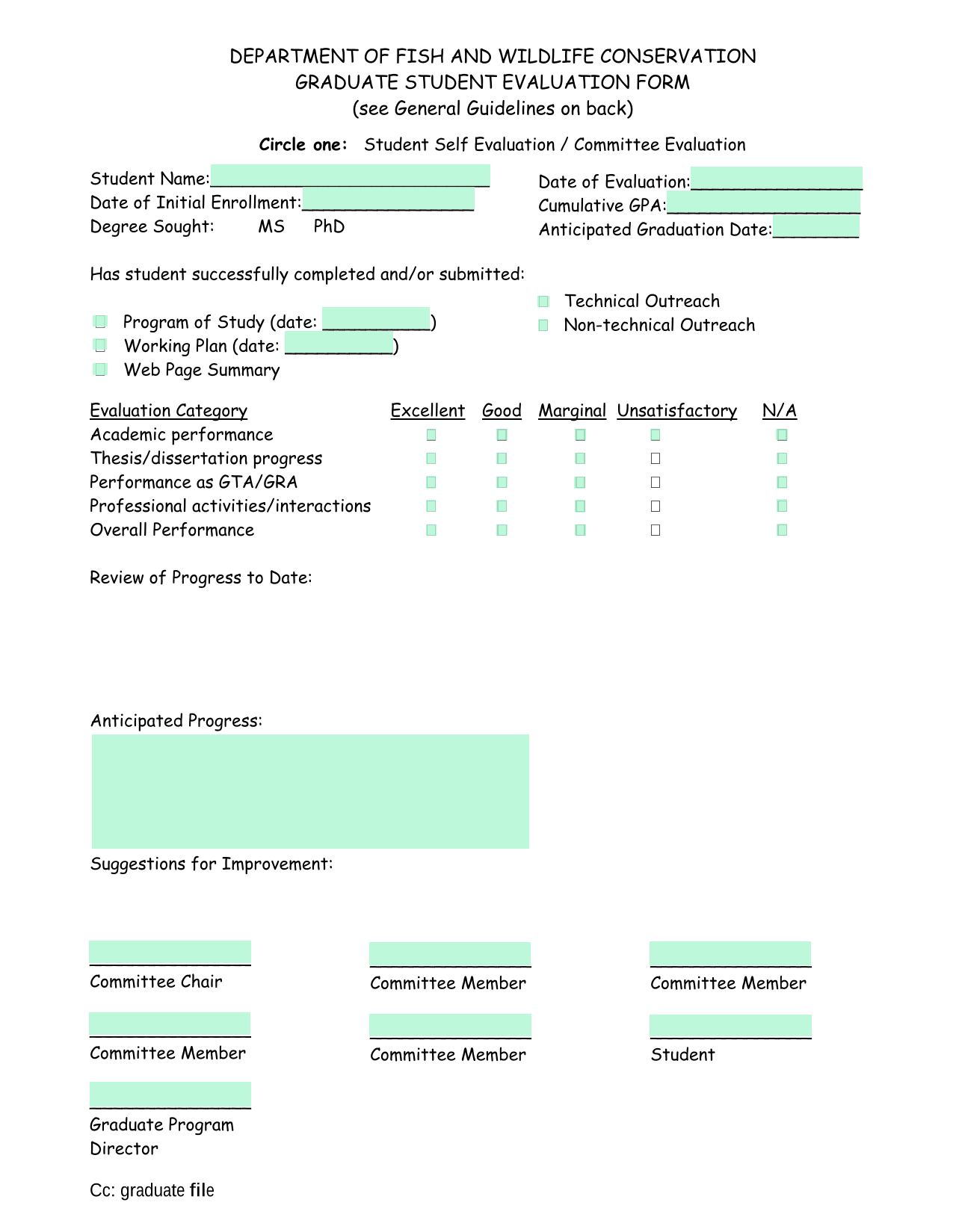 Graduate Student Evaluation Form screenshot