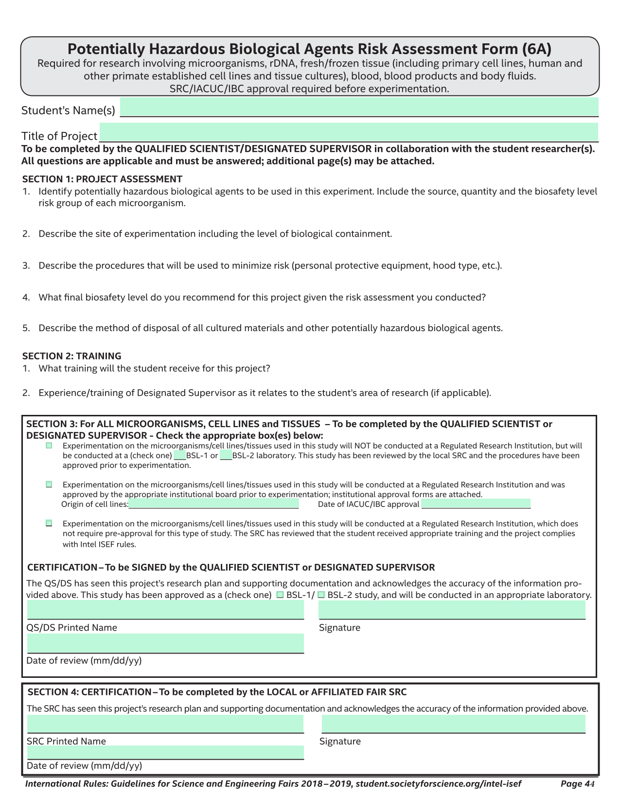 Potentially Hazardous Biological Agents Risk Assessment Form (6A) screenshot