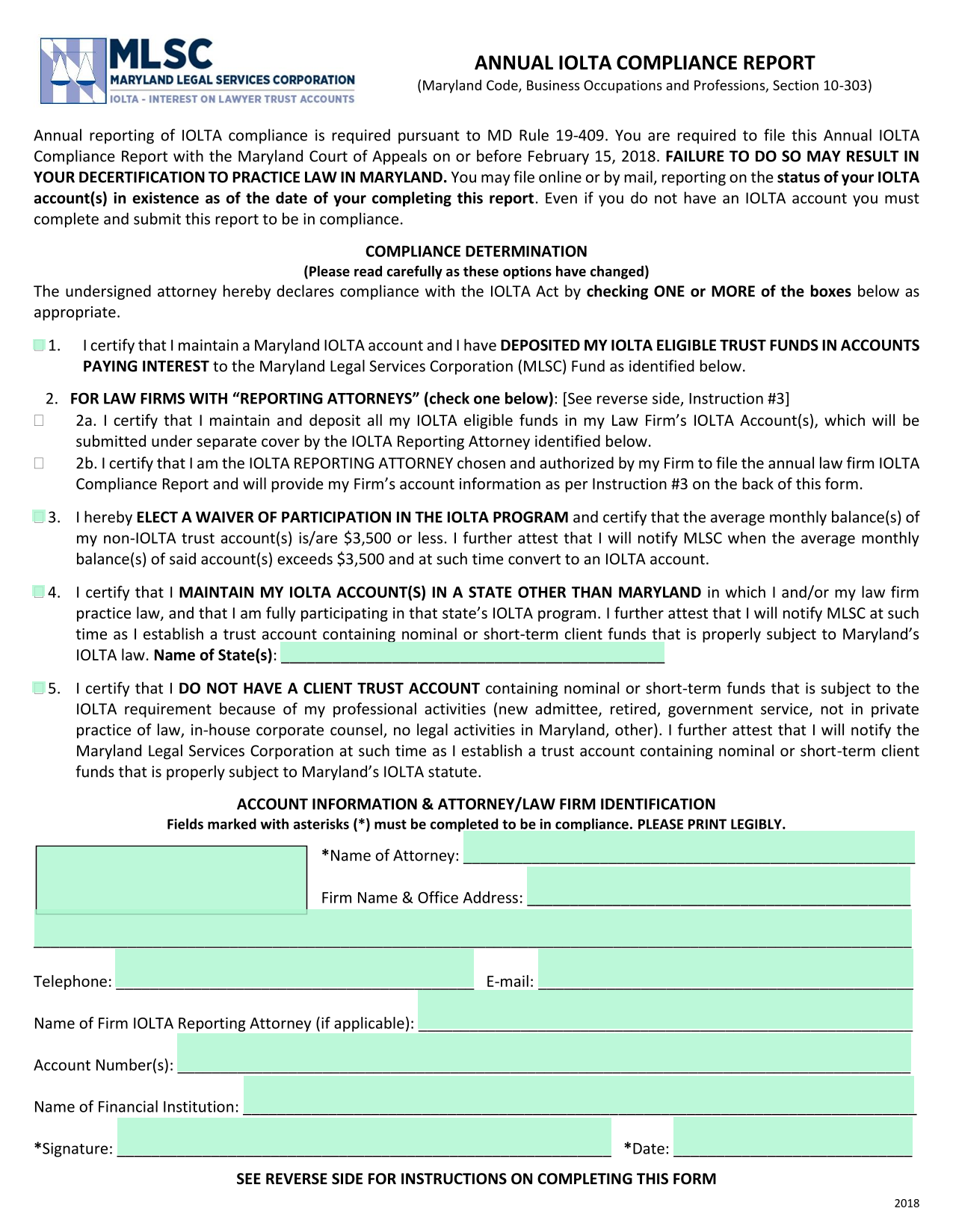 Annual IOLTA Compliance Report screenshot