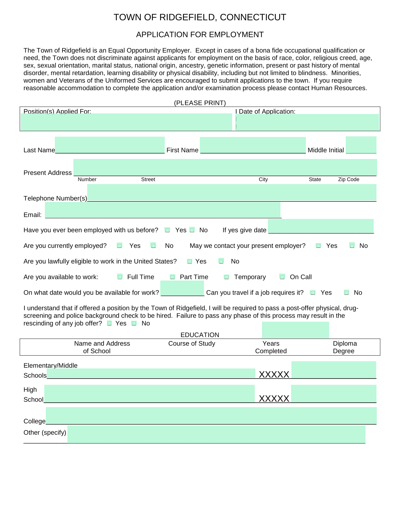 APPLICATION FOR EMPLOYMENT screenshot