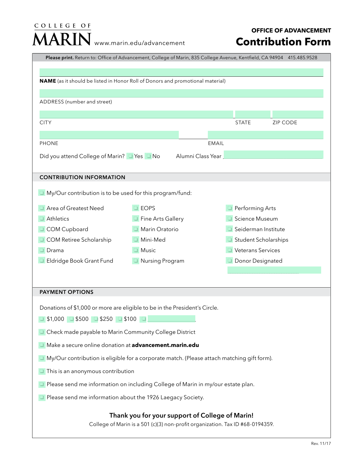 Contribution Form screenshot
