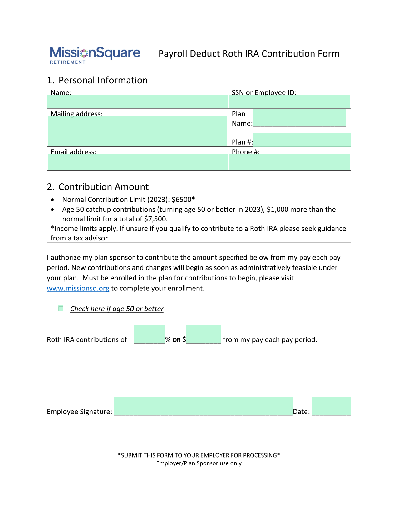 Payroll Deduct Roth IRA Contribution Form screenshot