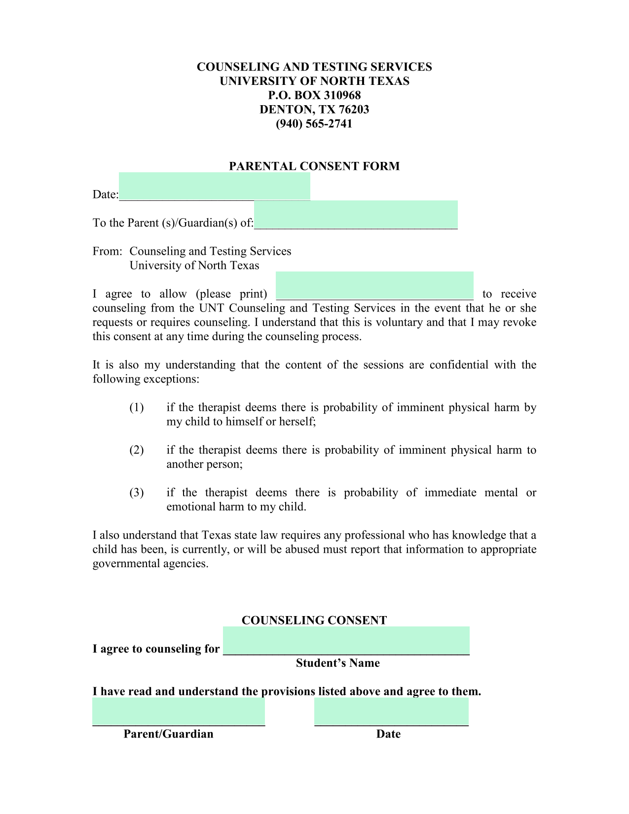 Parental Consent Form screenshot