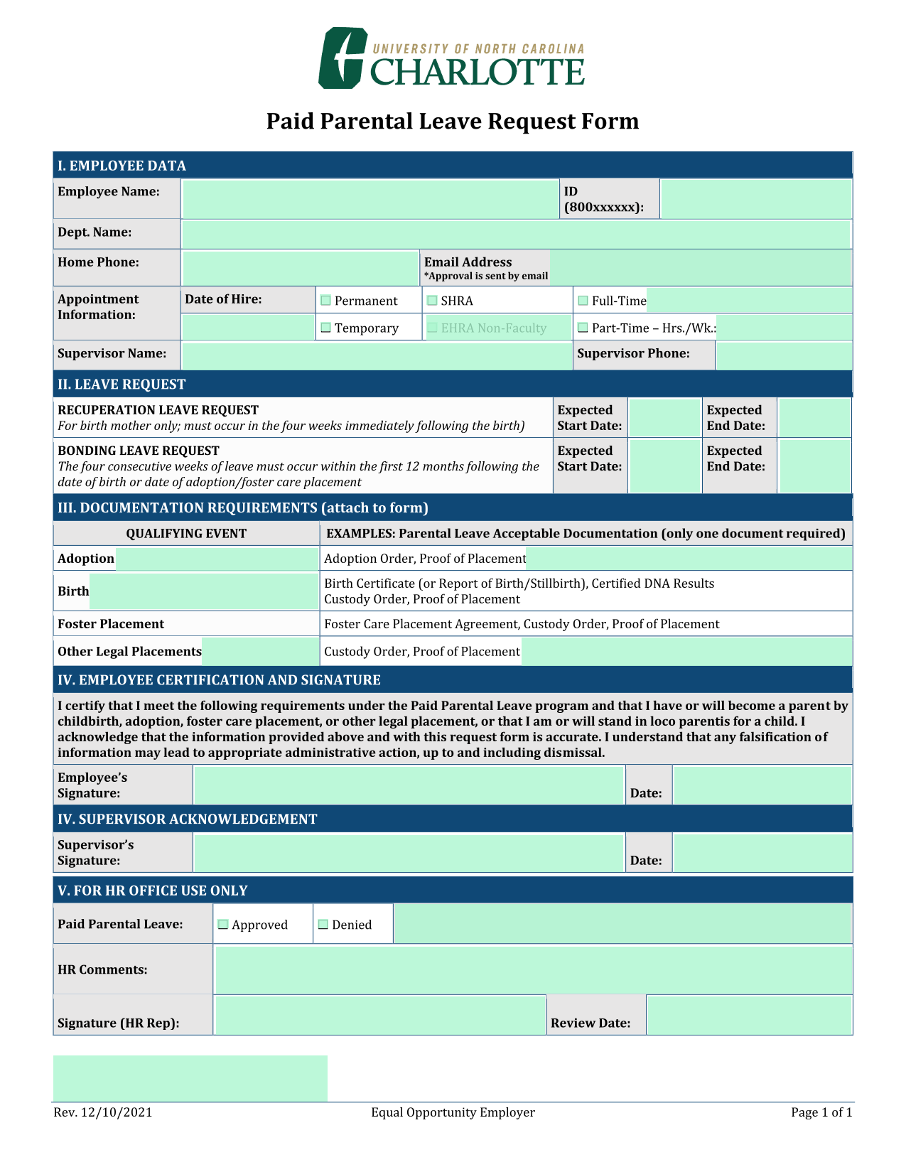 Paid Parental Leave Request Form screenshot