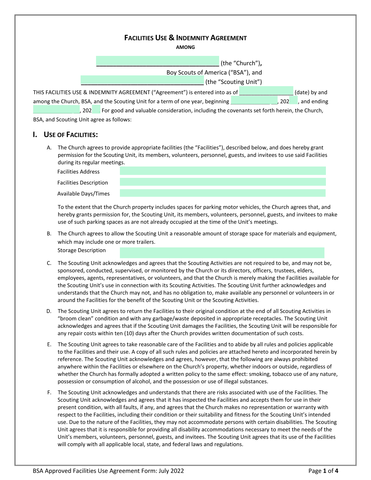 BSA Approved Facilities Use Agreement Form screenshot