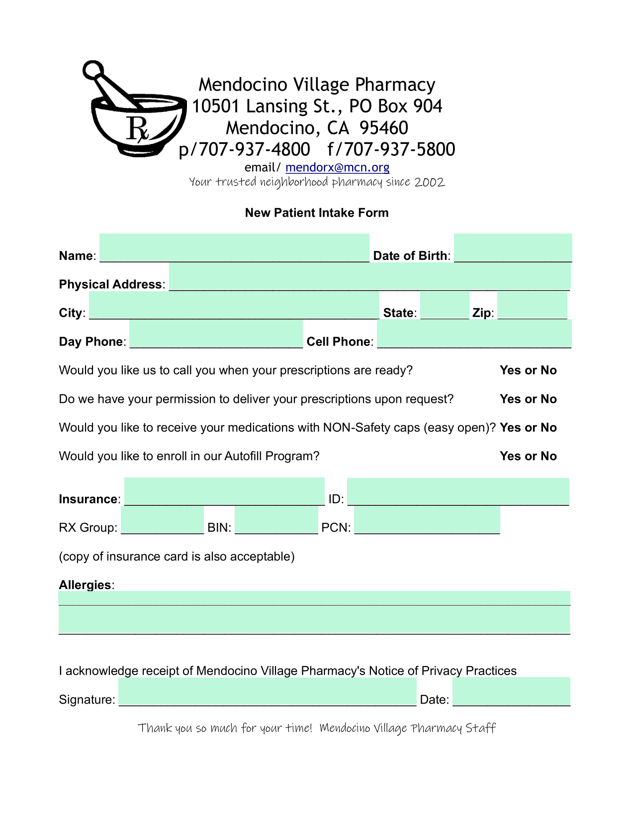 New Patient Intake Form screenshot