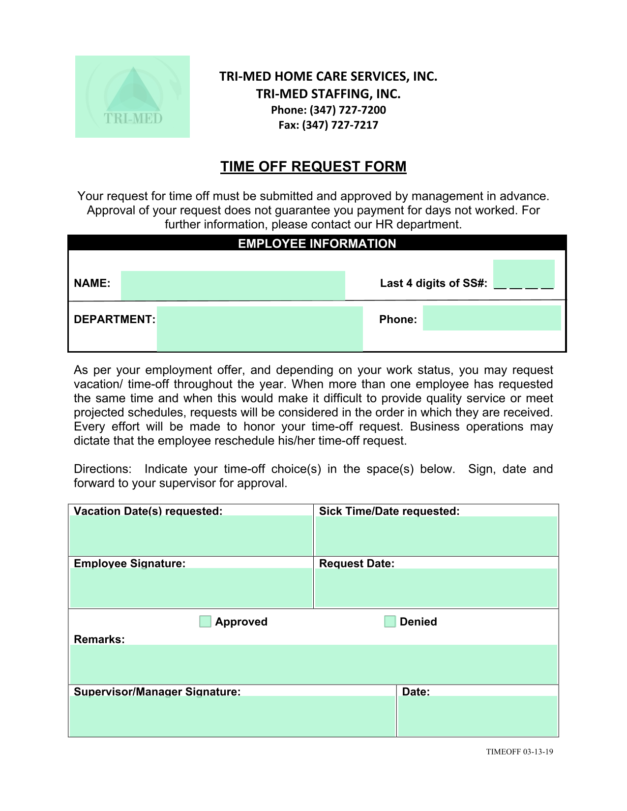 TIME OFF REQUEST FORM screenshot