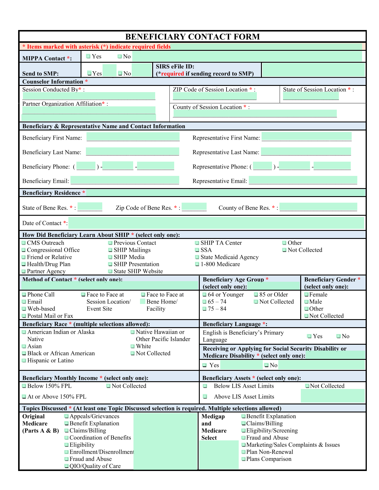 BENEFICIARY CONTACT FORM screenshot