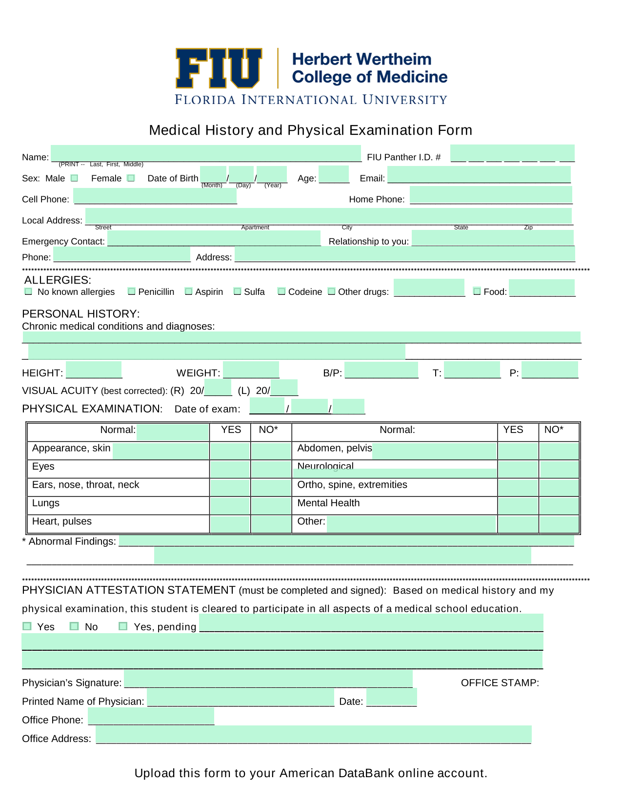 Medical History And Physical Examination Form screenshot