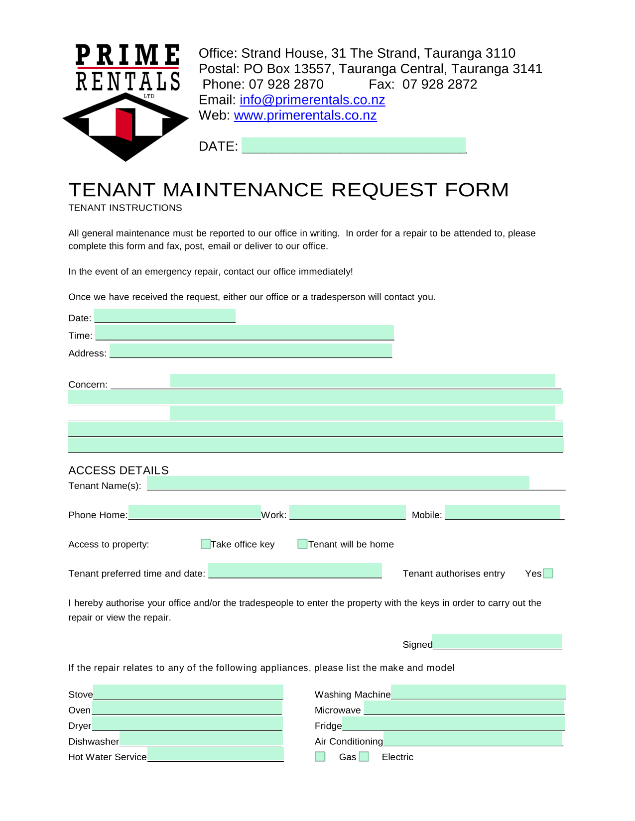 TENANT MAINTENANCE REQUEST FORM screenshot