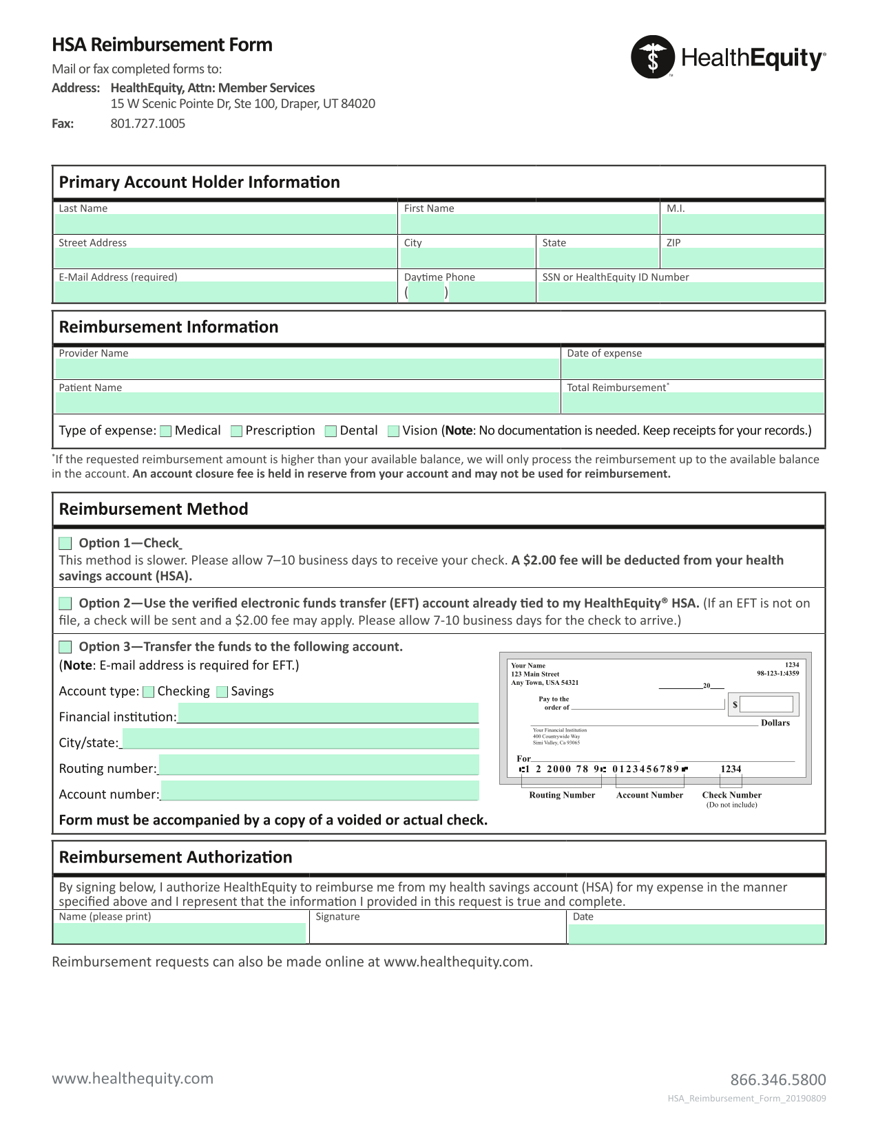 HSA Reimbursement Form screenshot