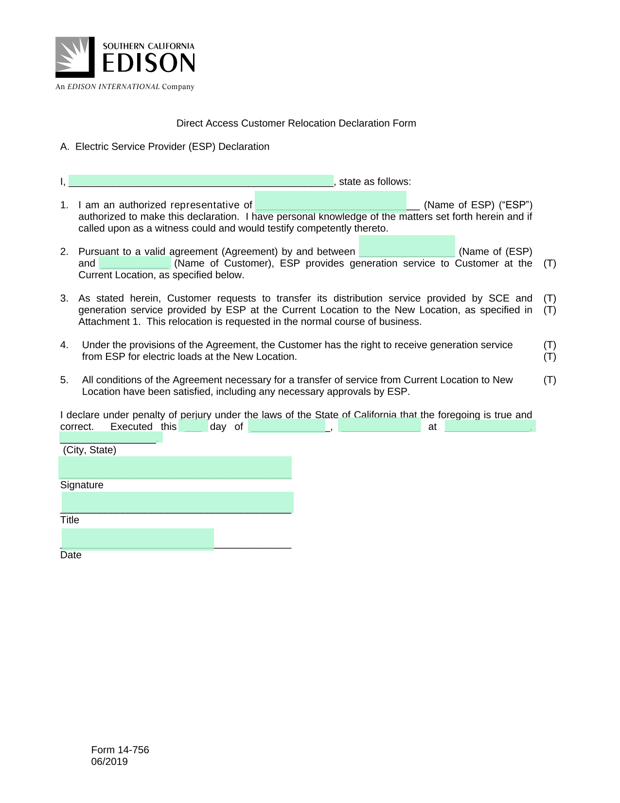 Form 14 756 Direct Access Customer Relocation Declaration Form screenshot