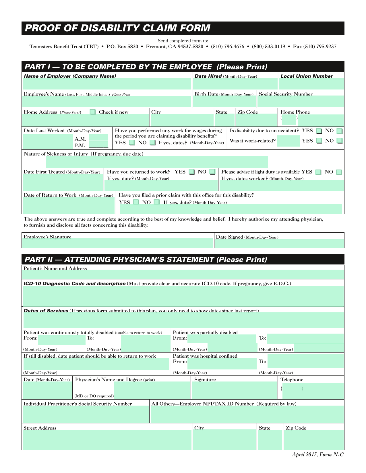 Disability Claim Form screenshot