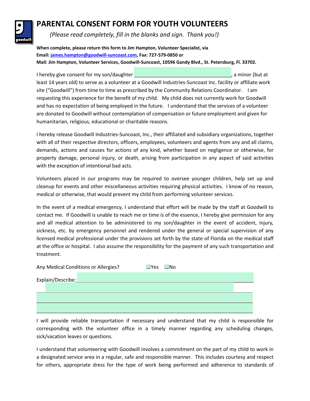 PARENTAL CONSENT FORM FOR YOUTH VOLUNTEERS screenshot