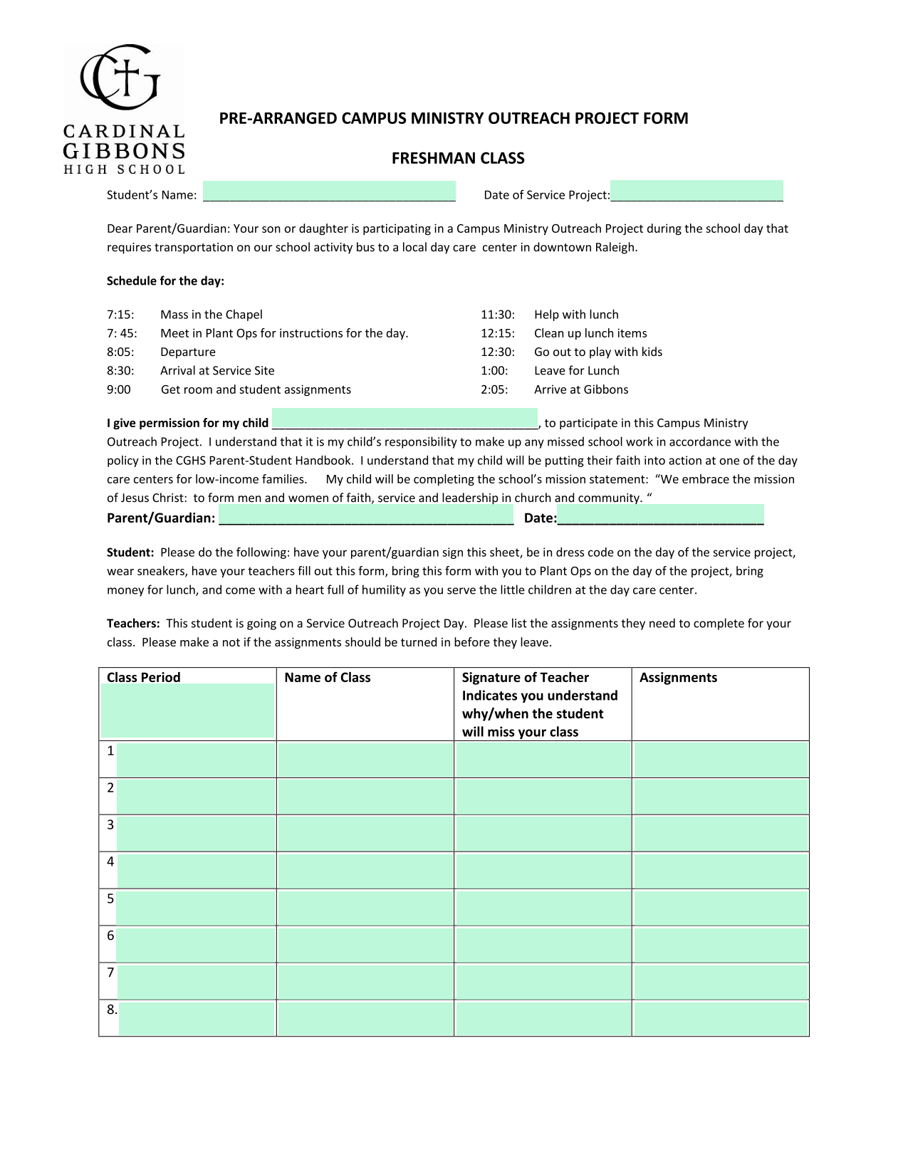 PRE ARRANGED CAMPUS MINISTRY OUTREACH PROJECT FORM screenshot
