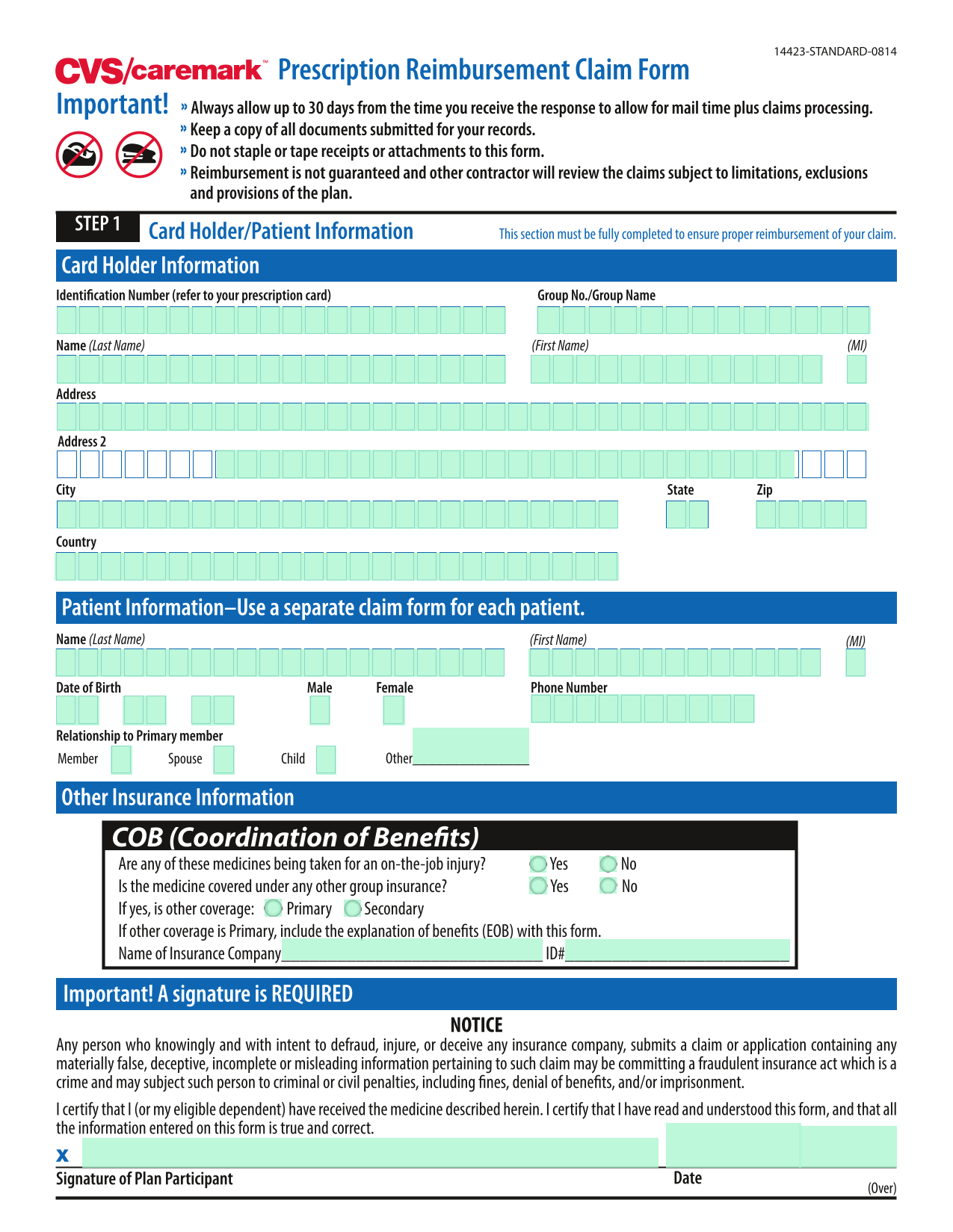 Prescription Reimbursement Claim Form screenshot
