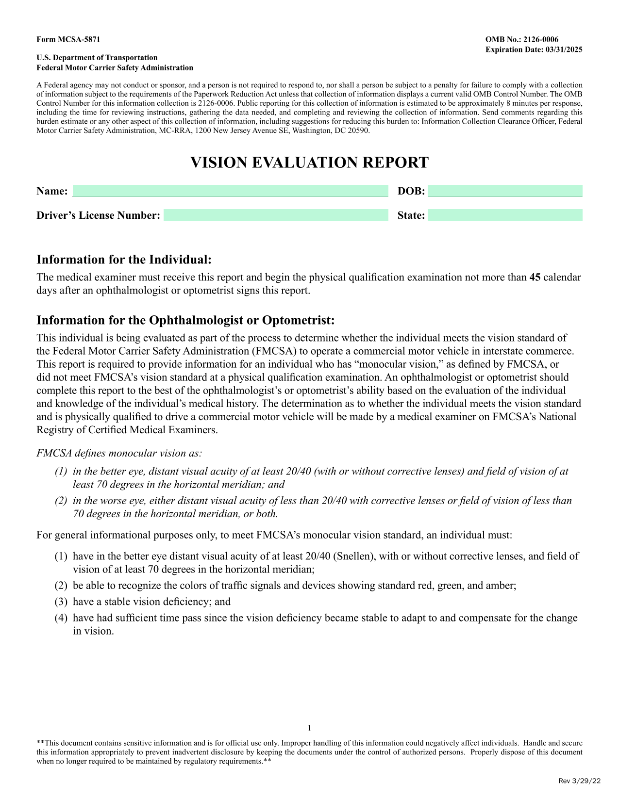 VISION EVALUATION REPORT (Form MCSA 5871) screenshot