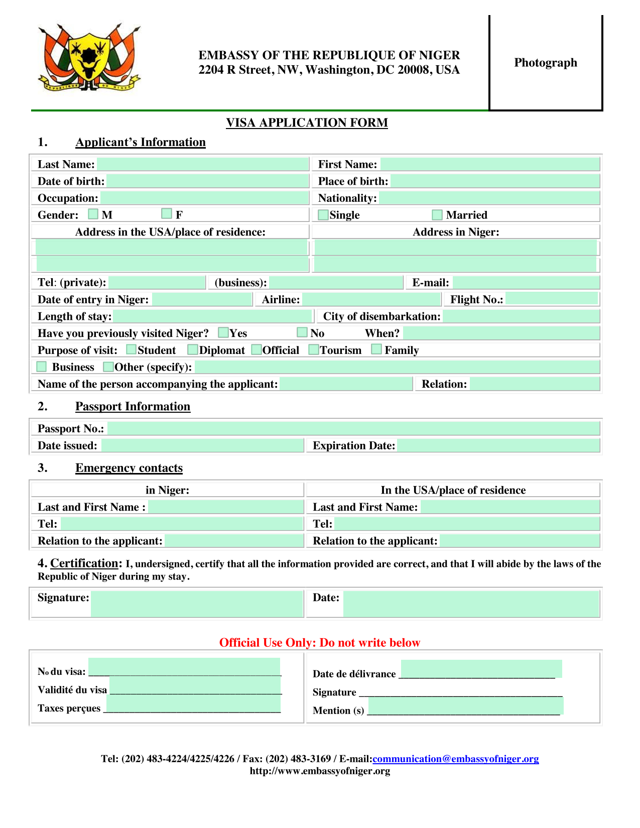 VISA APPLICATION FORM screenshot