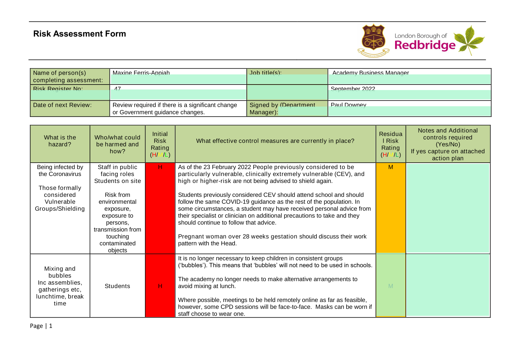Risk Assessment Form screenshot