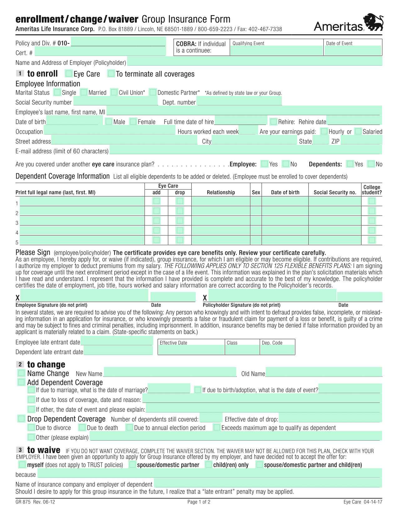 Enrollment  Change  Waiver Group Insurance Form screenshot