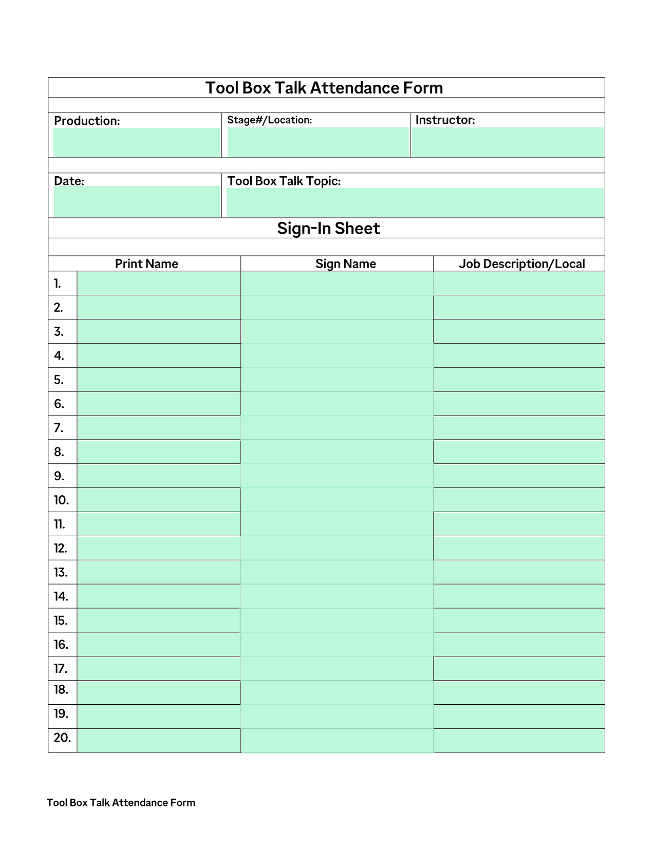 Tool Box Talk Attendance Form screenshot