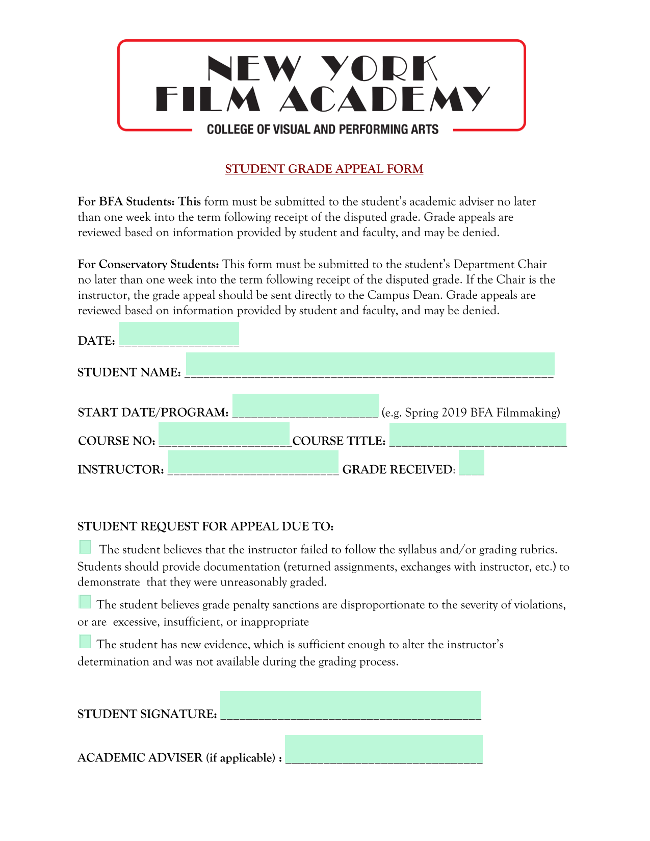 Student Grade Appeal Form screenshot