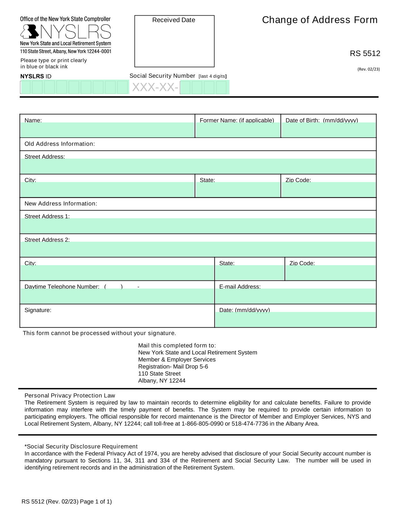 Change Of Address Form screenshot