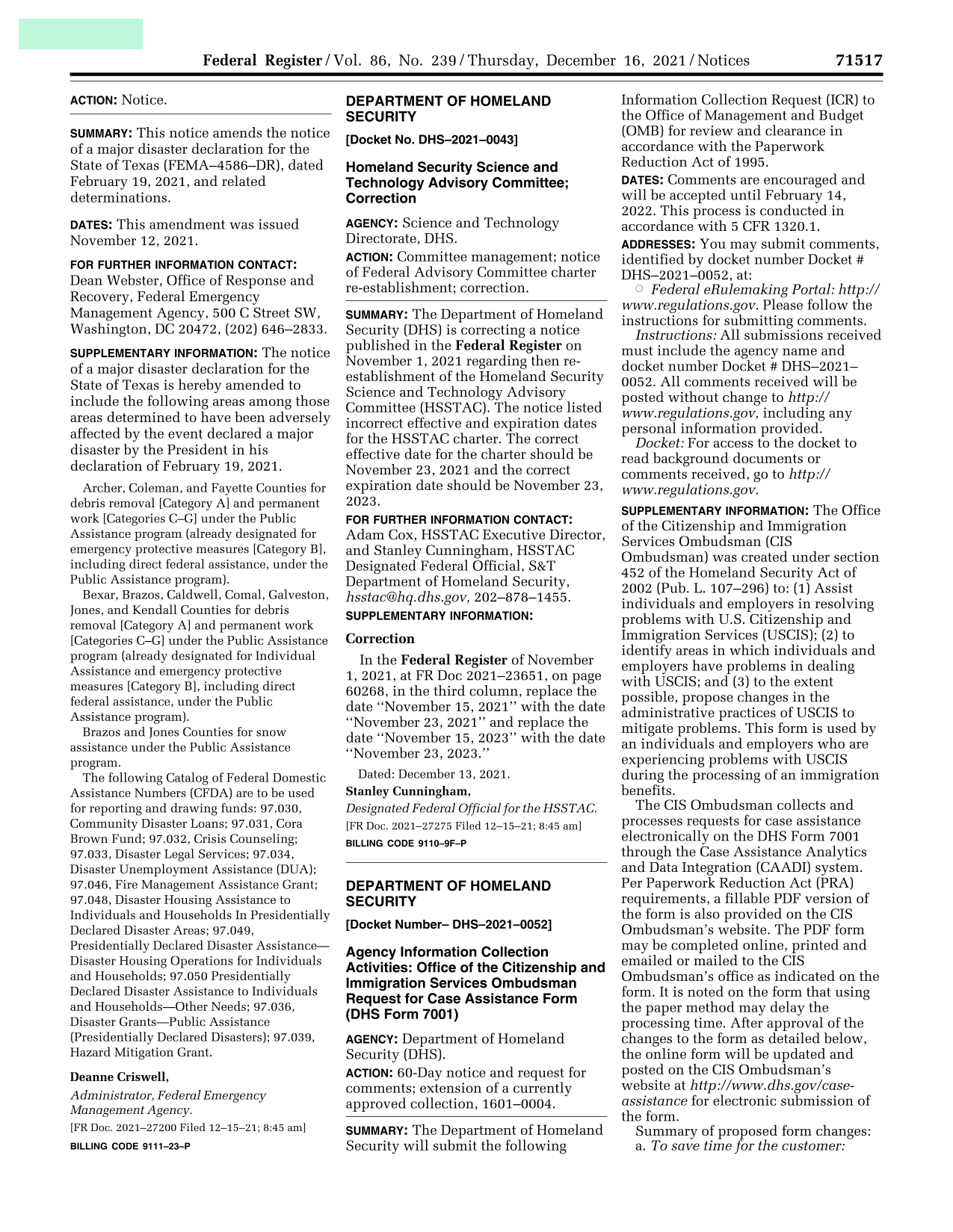 Federal Register Notice FEMA4586DR Texas Disaster Declaration Amendment screenshot