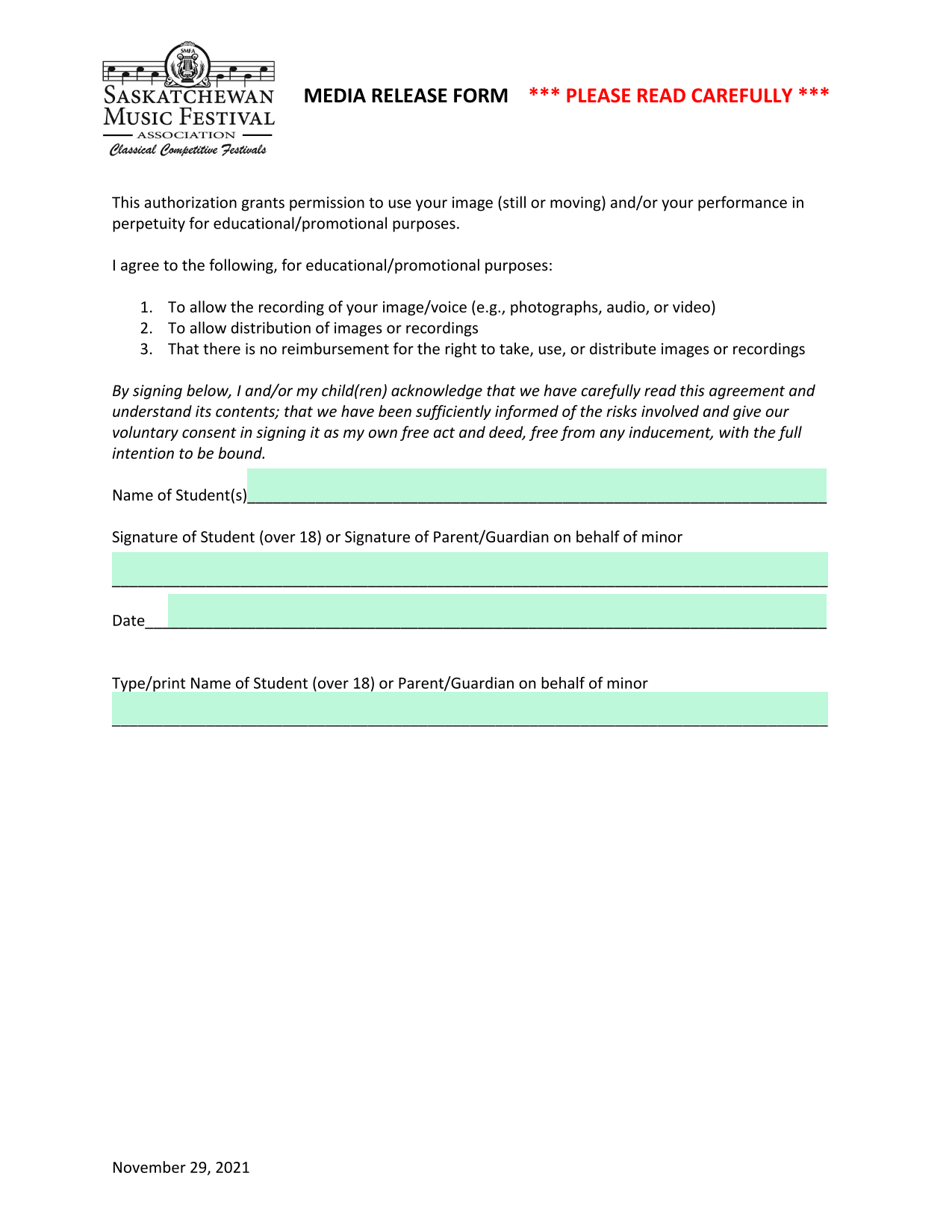 Media Release Form screenshot