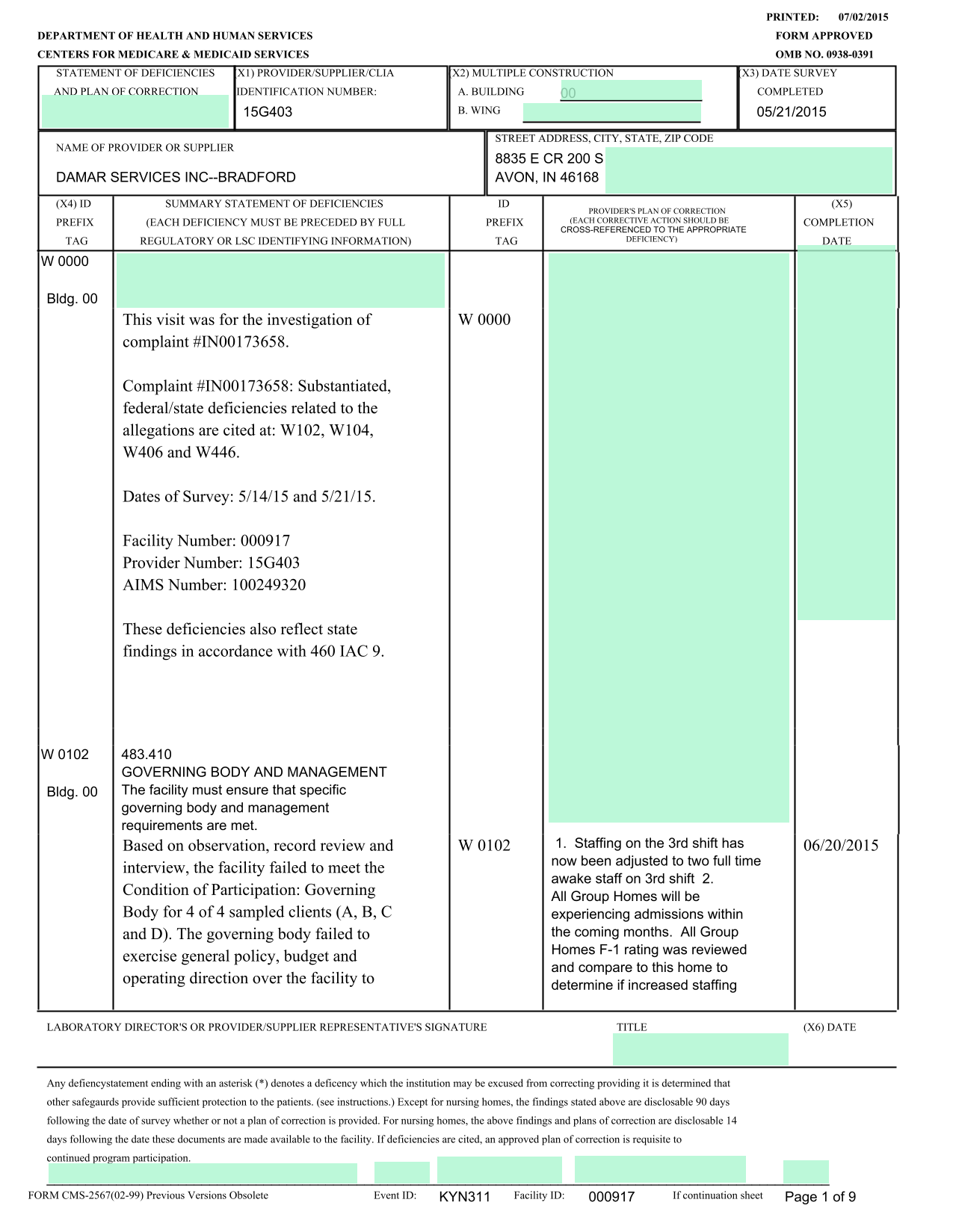 Statement Of Deficiencies And Plan Of Correction screenshot