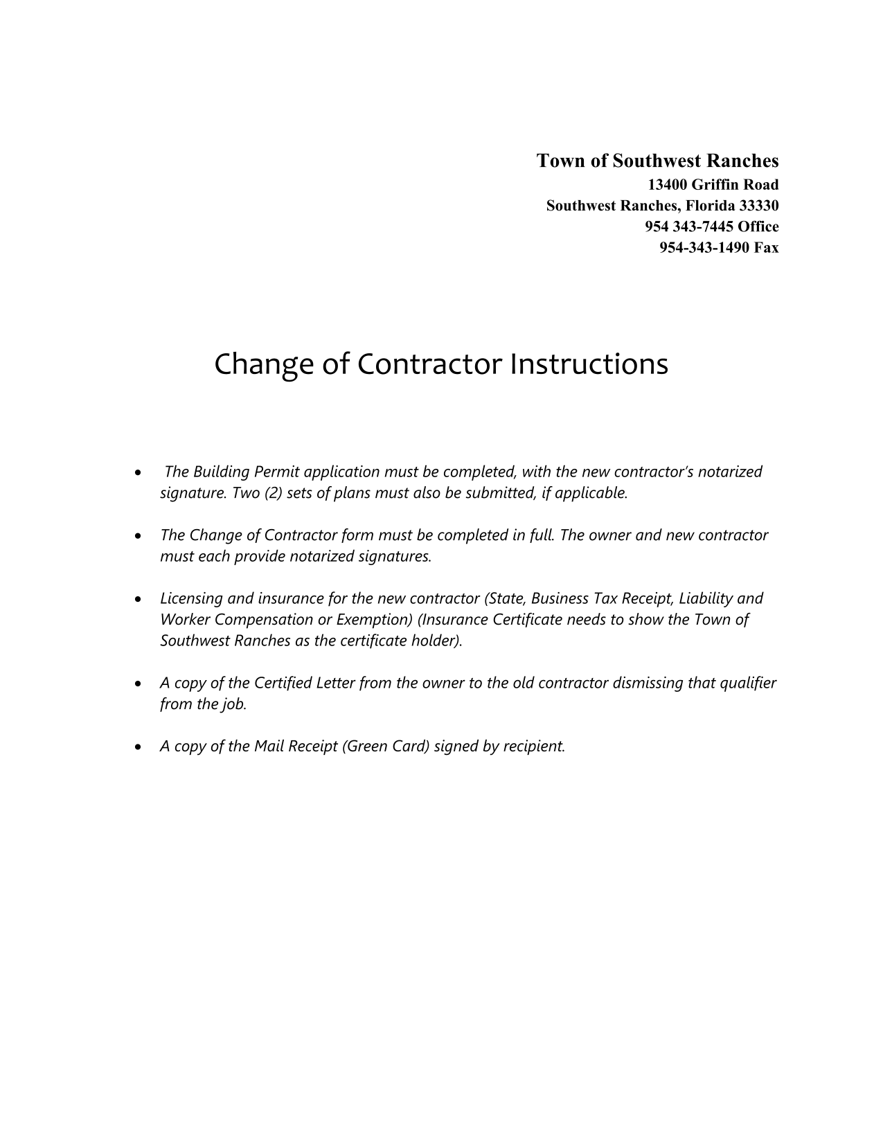 Change Of Contractor Form screenshot