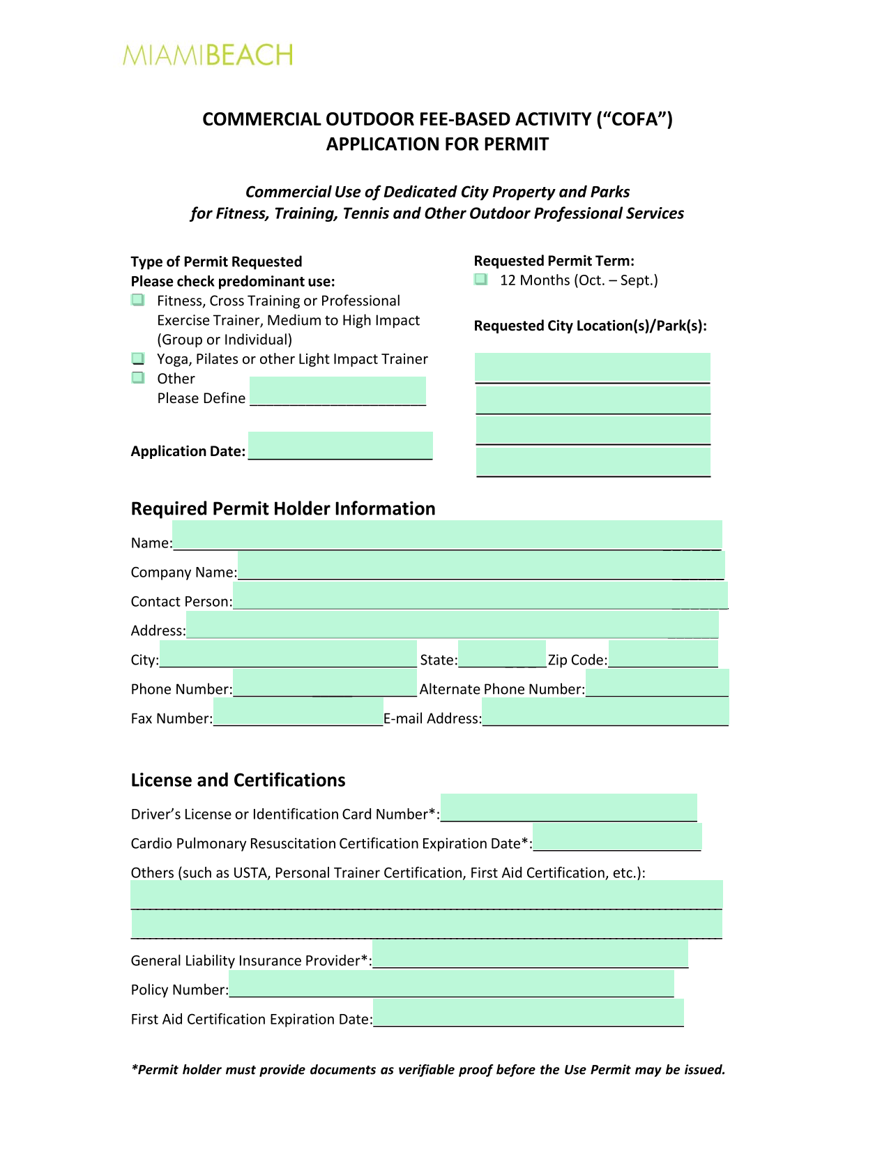 Commercial Outdoor Fee Based Activity (COFA) Application For Permit screenshot