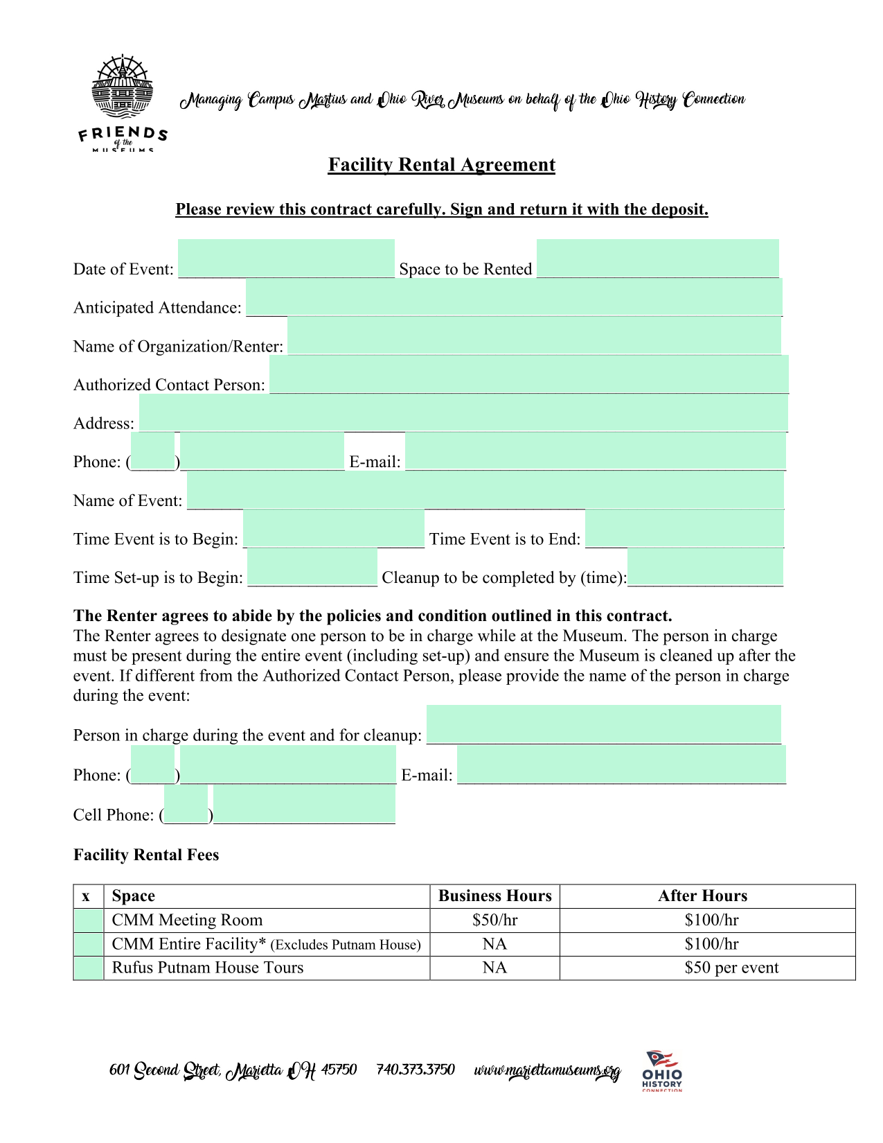 Facility Rental Agreement screenshot