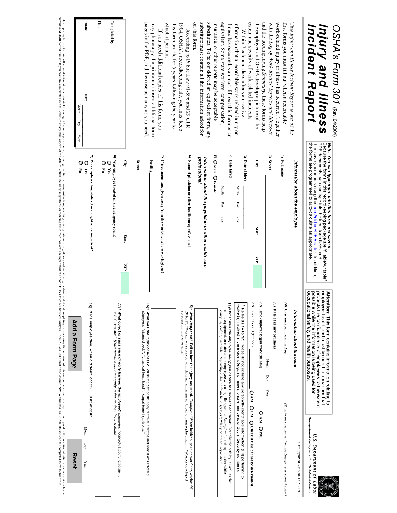 OSHA Injury And Illness Incident Report (Form 301) screenshot