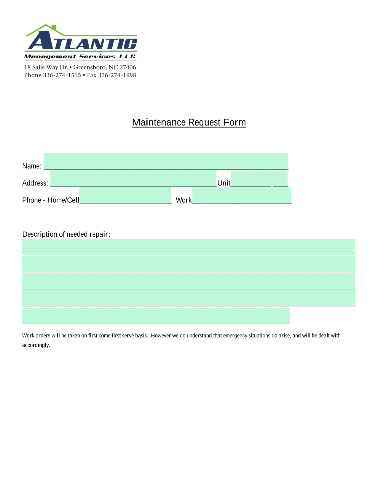 Maintenance Request Form screenshot