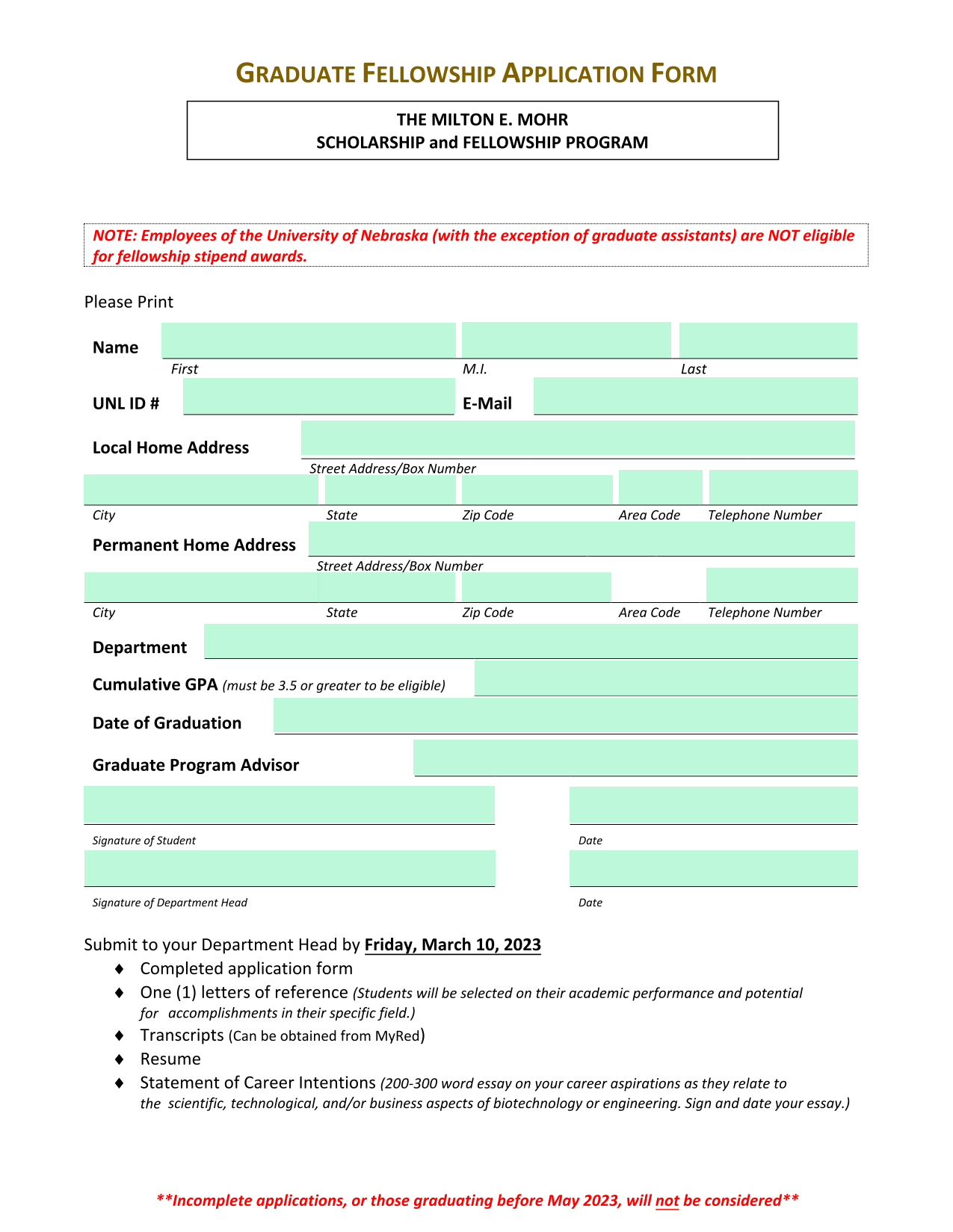 Graduate Fellowship Application Form screenshot
