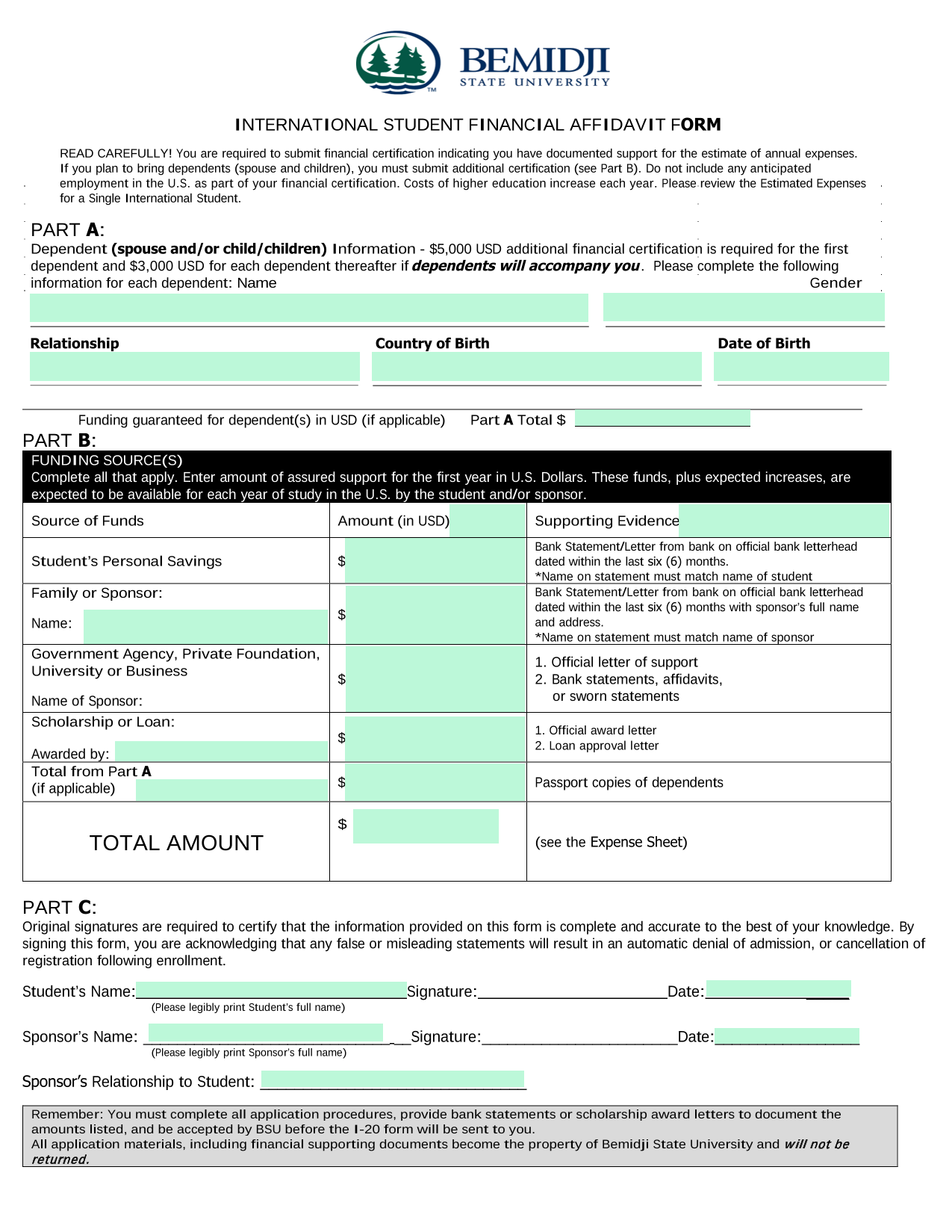 International Student Financial Affidavit Form screenshot