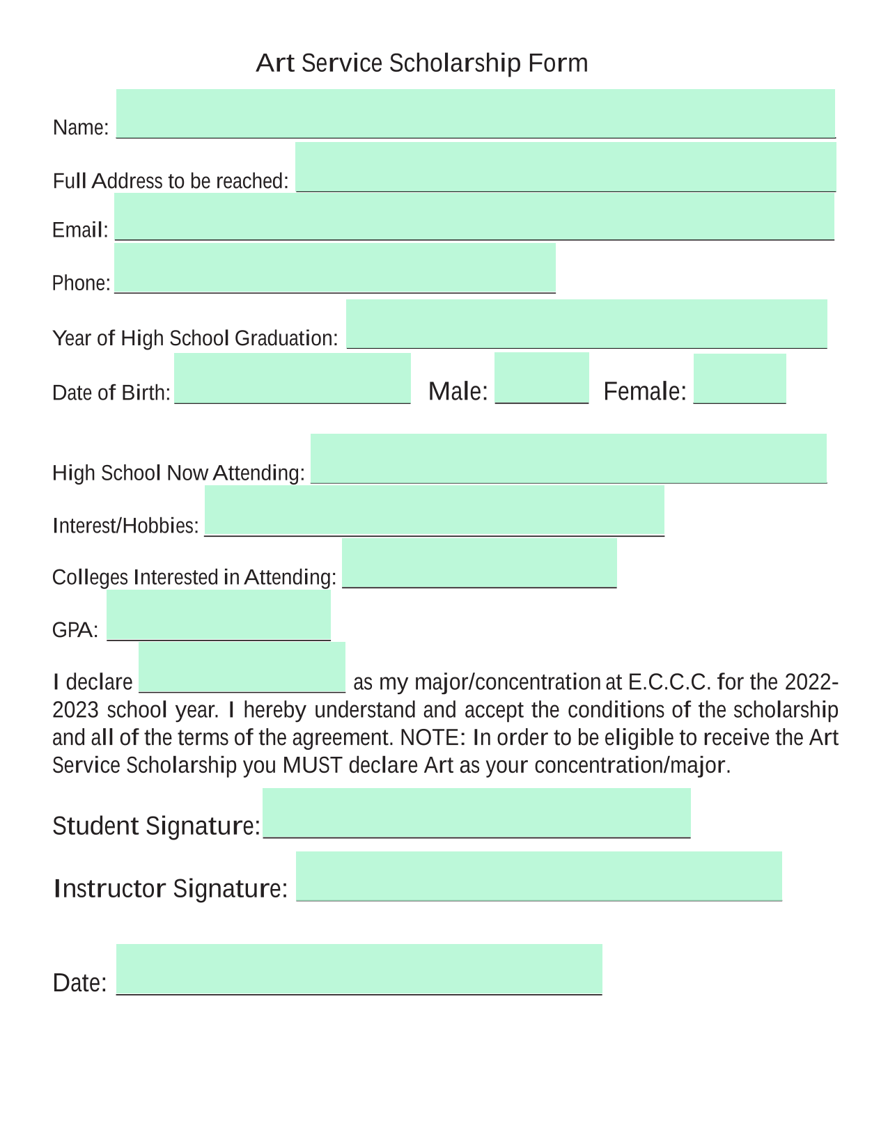 Art Service Scholarship Form screenshot