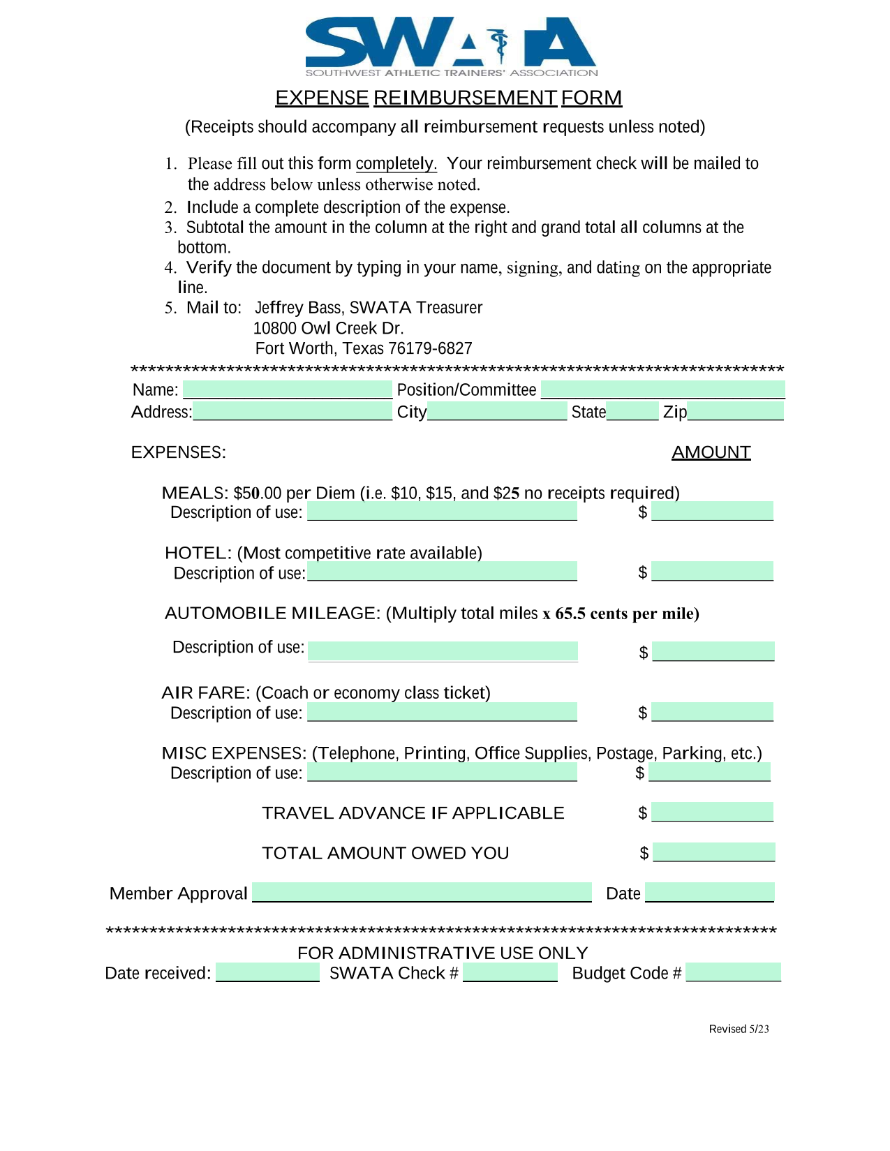 EXPENSE REIMBURSEMENT FORM screenshot