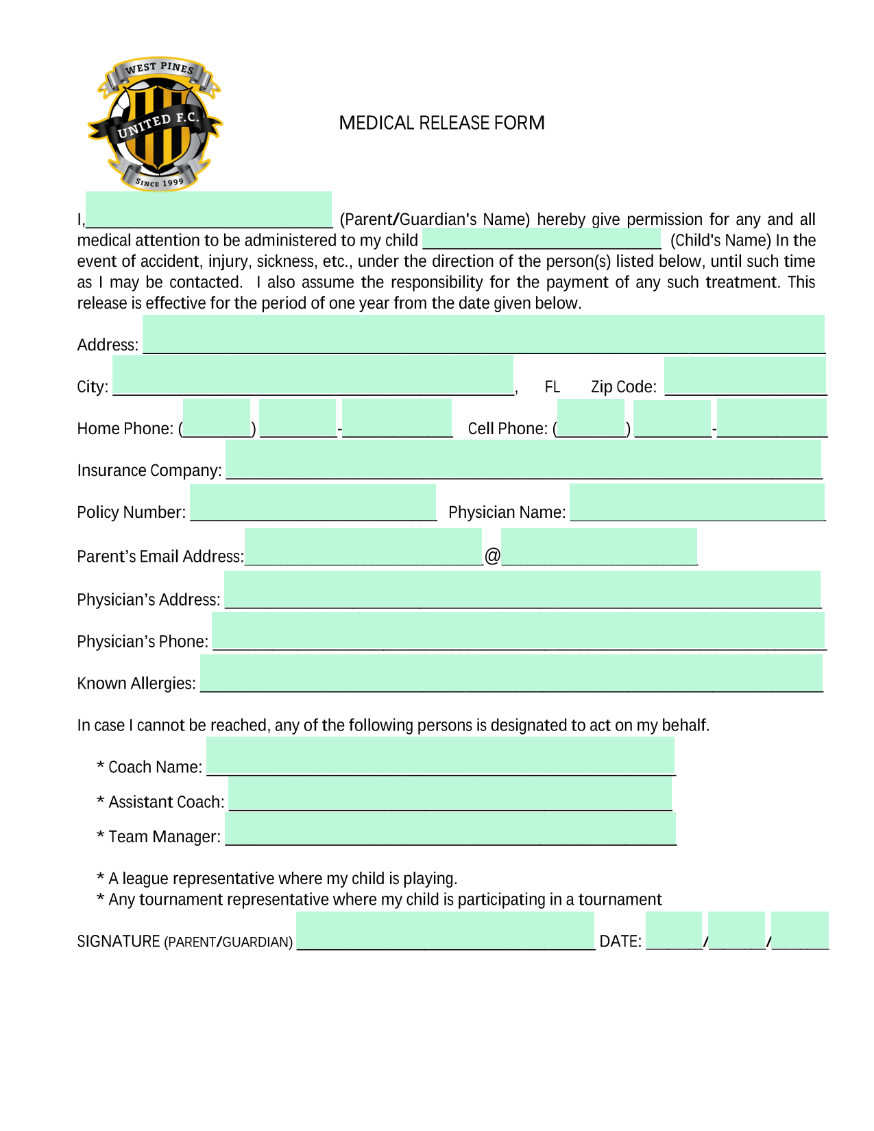 Medical Release Form screenshot